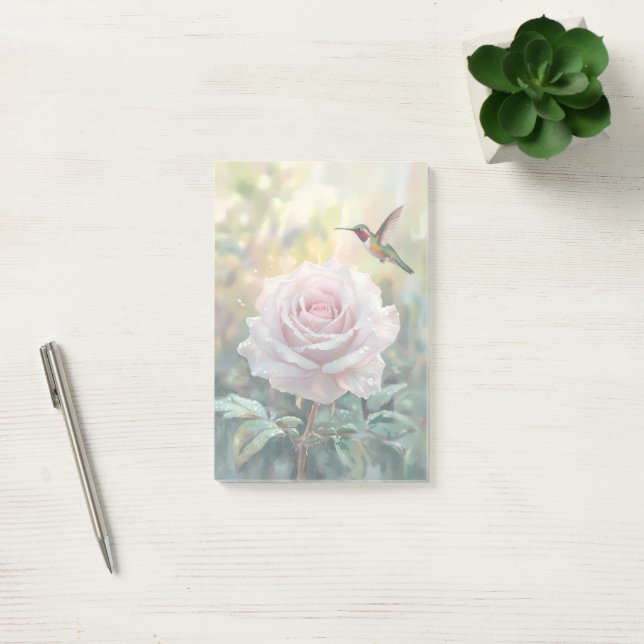 Watercolor Hummingbird and Pink Rose Post-it Notes (Office)