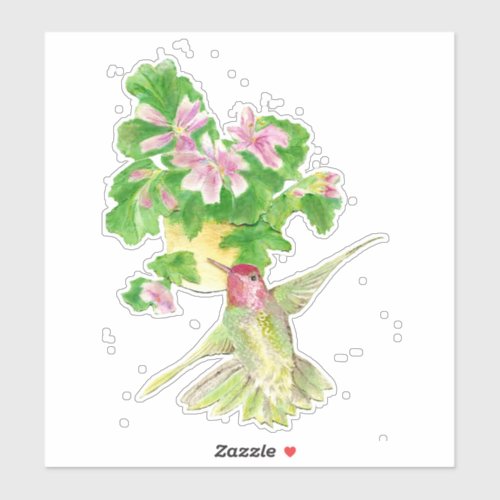 Watercolor Hummingbird Bird  Geranium Flower Art Sticker