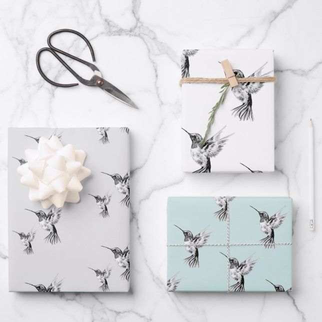Watercolor Hummingbird Black and White Wrapping Paper Sheets (Front)