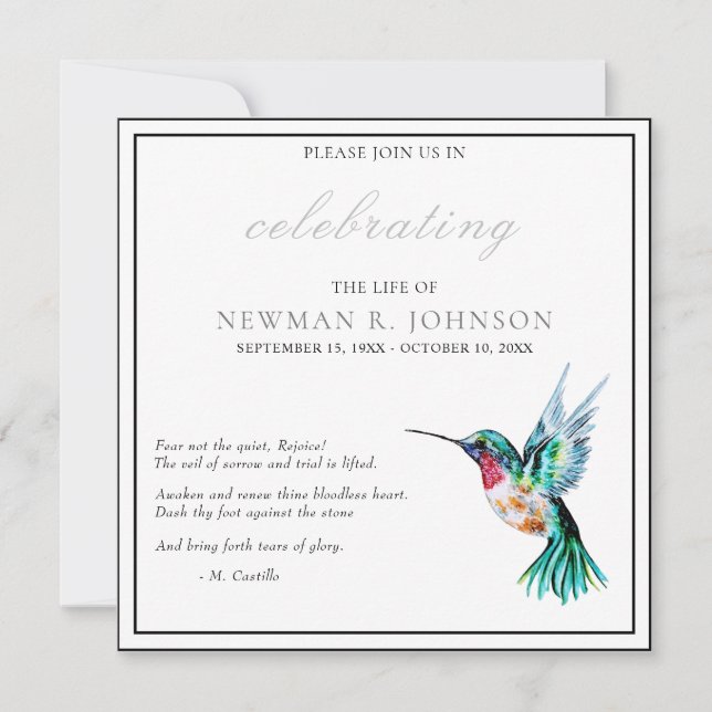 Watercolor Hummingbird Celebration of Life Invitation (Front)
