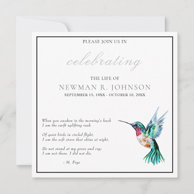 Watercolor Hummingbird Celebration of Life Invitation (Front)