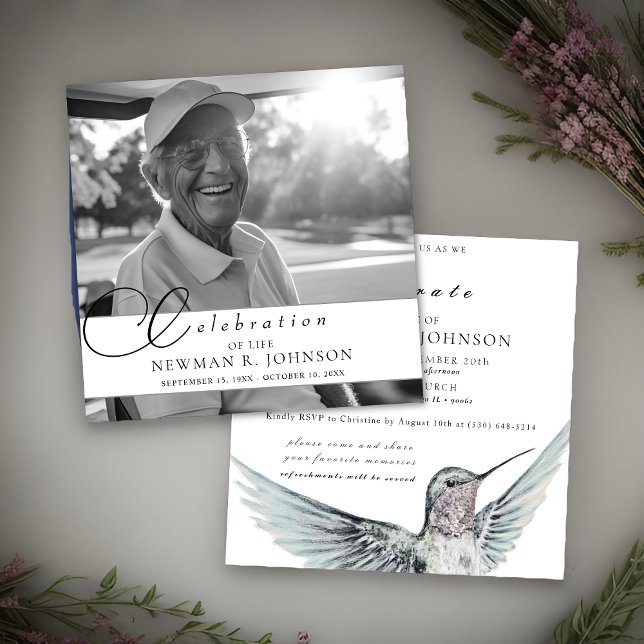 Watercolor Hummingbird Celebration of Life Photo Invitation (Creator Uploaded)