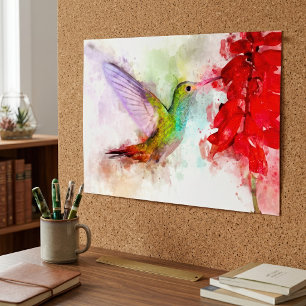 Watercolor Hummingbird Feeding on Red Flower Poster