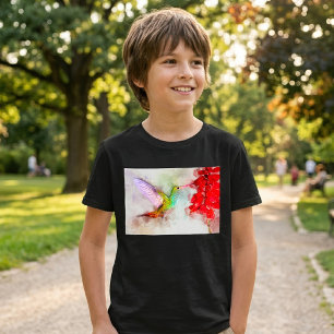 Watercolor Hummingbird Feeding on Red Flower T-Shirt