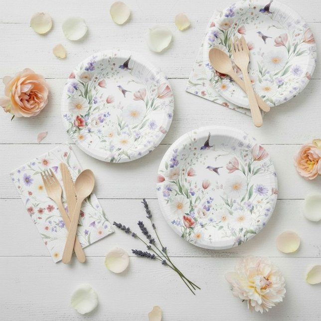 Watercolor Hummingbird Floral Garden Party  Paper Bowls (Creator Uploaded)