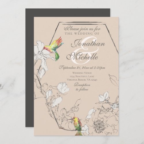 Watercolor Hummingbird Floral Geometric Wedding Invitation