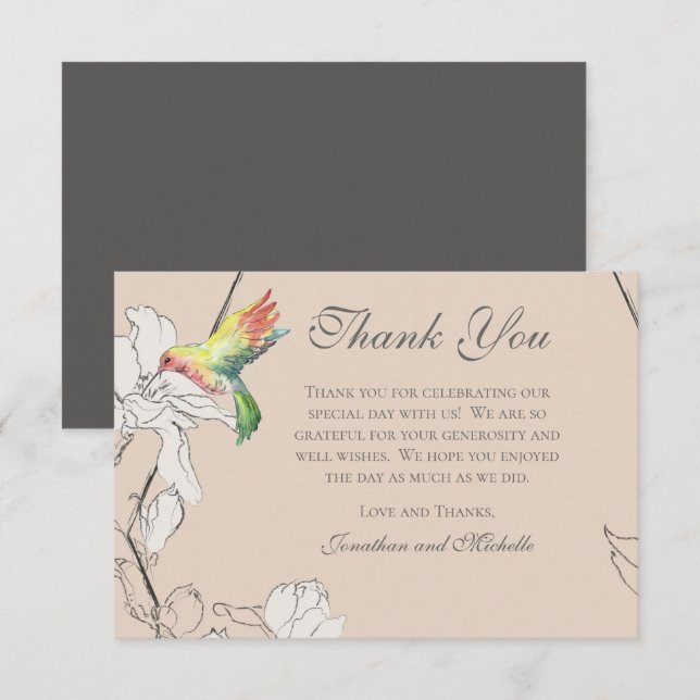 Watercolor Hummingbird Floral Geometric Wedding Thank You Card (Front/Back)