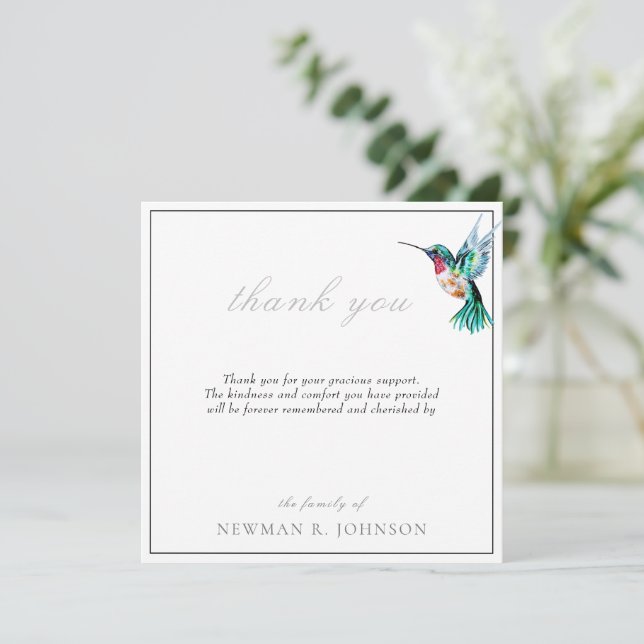 Watercolor Hummingbird Funeral Memorial Thank You Note Card (Standing Front)