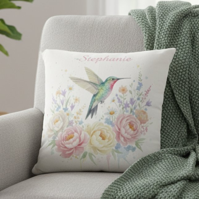 Watercolor Hummingbird Garden Throw Pillow (Watercolor floral hummingbird decorative pillow)