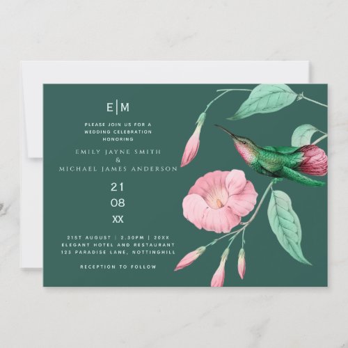 Watercolor Hummingbird Monogram Turquoise Pink Invitation