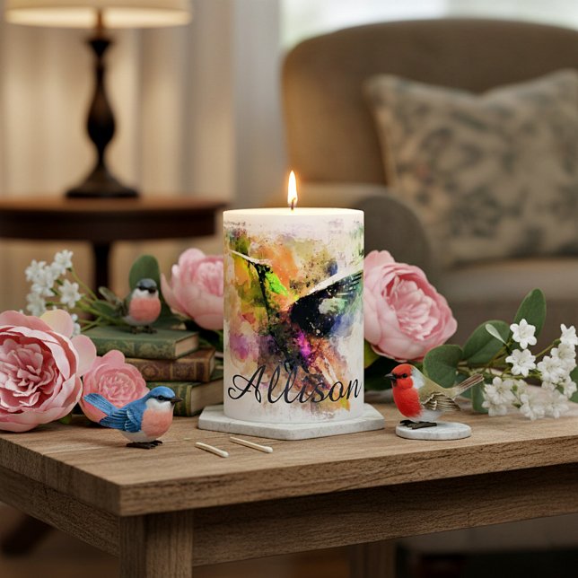 Watercolor hummingbird personalized pillar candle (Creator Uploaded)