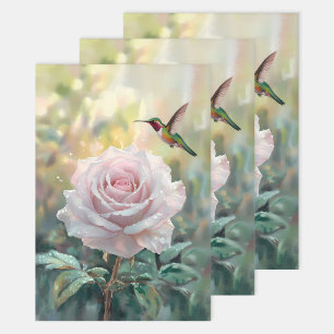 Watercolor Hummingbird Pink Rose Decoupage Wrapping Paper Sheets