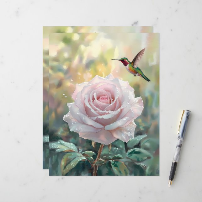 Watercolor Hummingbird Pink Rose Scrapbook Paper (Front/Back In Situ)