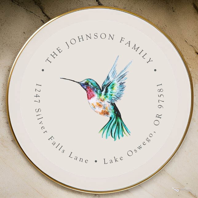 Watercolor Hummingbird Return Address Classic Round Sticker (Creator Uploaded)