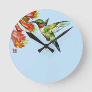 Watercolor Hummingbird Round Clock