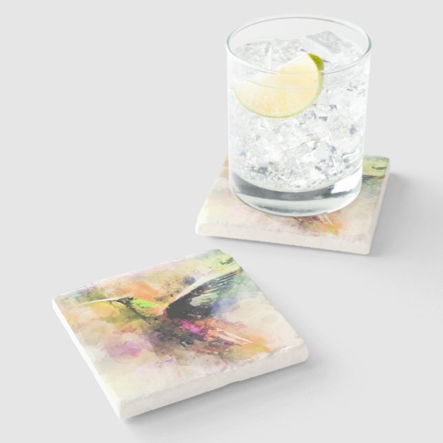 Watercolor hummingbird  stone coaster (Side)