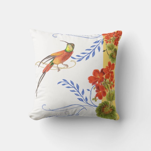 Watercolor Hummingbird Swirl Red Geranium Flowers Throw Pillow (Front)