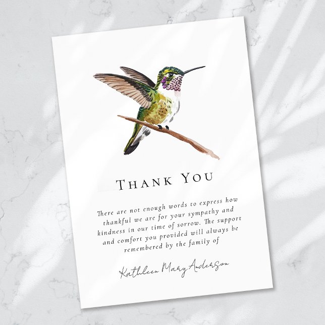 Watercolor Hummingbird Sympathy Funeral  Thank You Card (Creator Uploaded)