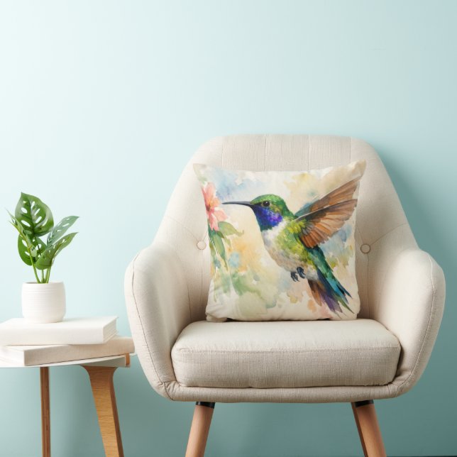 Watercolor Hummingbird Throw Pillow (Chair)