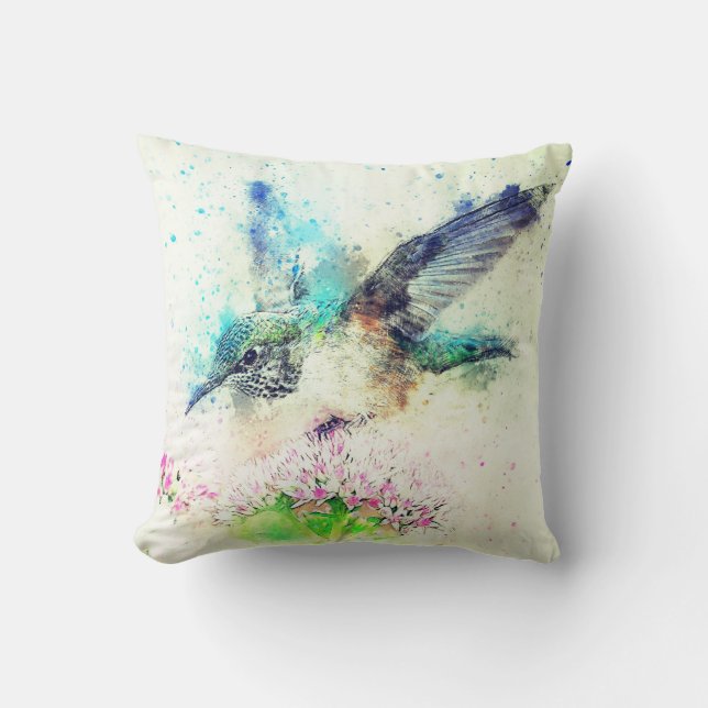 Watercolor Hummingbird  Throw Pillow (Front)