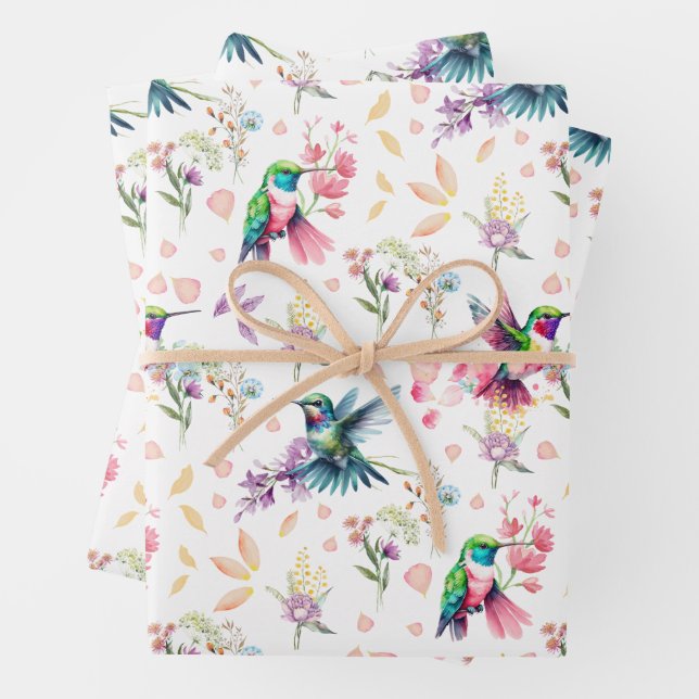 Watercolor Hummingbird & Wildflower Wrapping Paper Sheets (In situ)