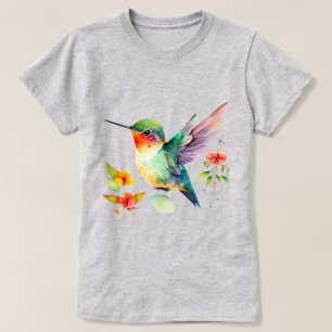 Watercolor Hummingbird With Colorful Flowers T-Shirt