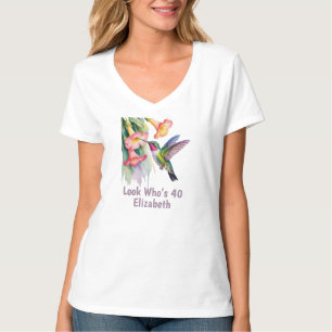Watercolor Hummingbird with Florals Look Who’s 40 T-Shirt