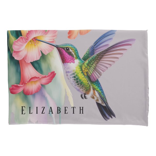 Watercolor Hummingbird with Florals Pillow Case (Front)