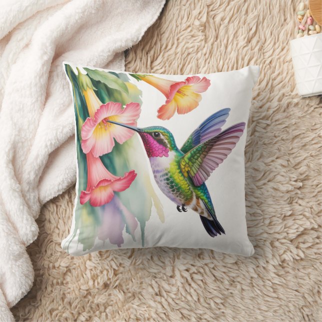 Watercolor Hummingbird with Florals Throw Pillow (Blanket)