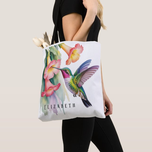 Watercolor Hummingbird with Florals Tote Bag (Close Up)
