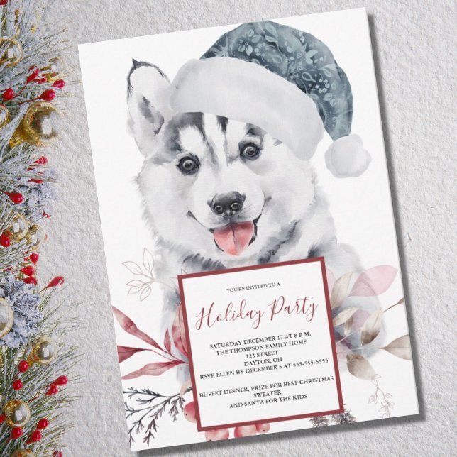 Watercolor Husky Dog Holiday Party Invitation (Creator Uploaded)