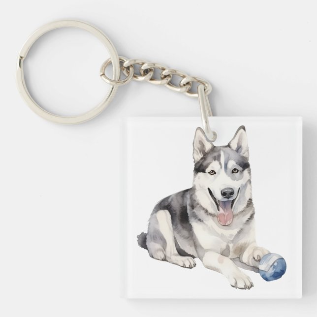 Watercolor Husky Dog Keychain (Front)