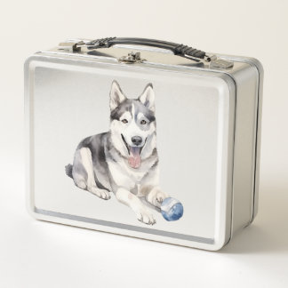 Watercolor Husky Dog Metal Lunch Box
