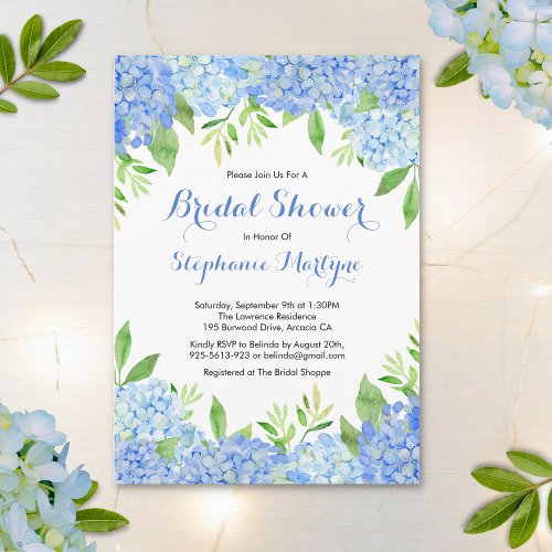 Watercolor Hydrangea Blue Floral Bridal Shower Invitation