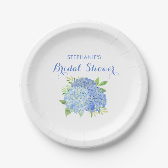 Watercolor Hydrangea Blue Floral Bridal Shower Paper Plates (Front)