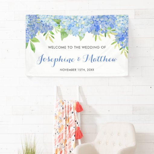 Watercolor Hydrangea Blue Floral Wedding Banner | Zazzle