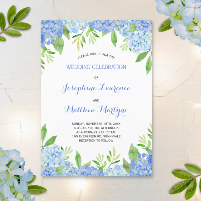 Watercolor Hydrangea Blue Floral Wedding Invitation | Zazzle