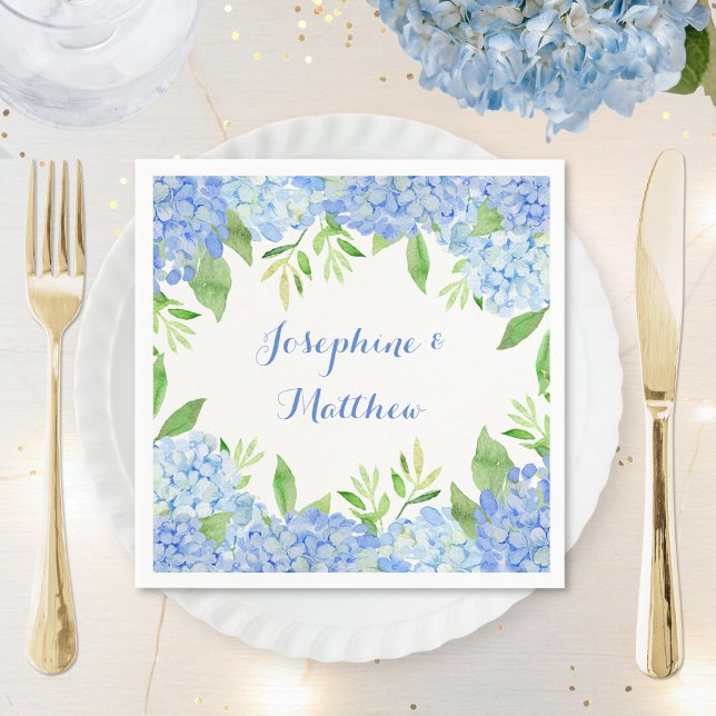 Watercolor Hydrangea Blue Floral Wedding Napkins (Creator Uploaded)