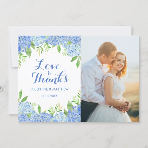 Watercolor Hydrangea Blue Floral Wedding Photo Thank You Card