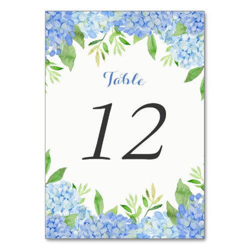 Watercolor Hydrangea Blue Floral Wedding Table Number