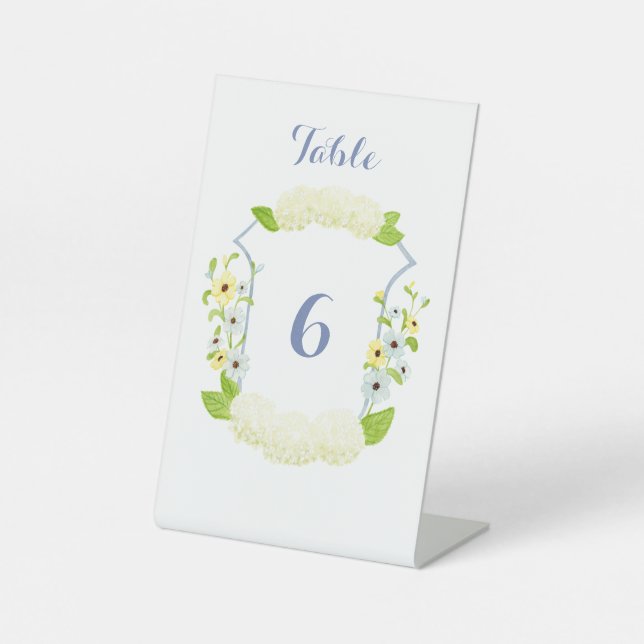 Watercolor Hydrangea Crest Table Numbers Pedestal Sign (Front)