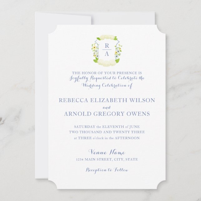 Watercolor Hydrangea Crest Wedding Invitation (Front)