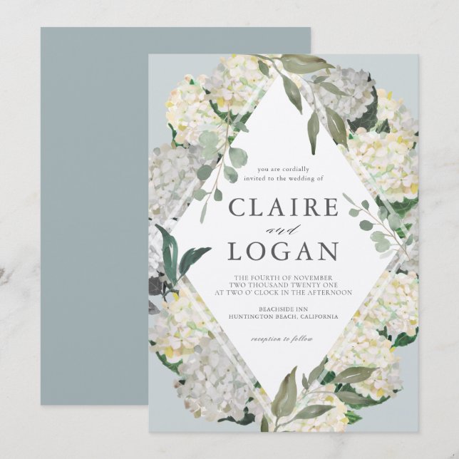 Watercolor Hydrangea Dusty Blue Rhonbus Wedding Invitation (Front/Back)