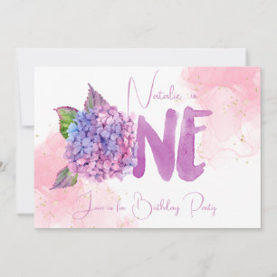 Watercolor hydrangea first Birthday Invitation