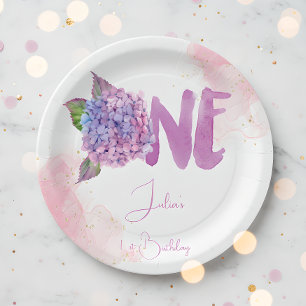 Watercolor hydrangea first Birthday Paper Plates
