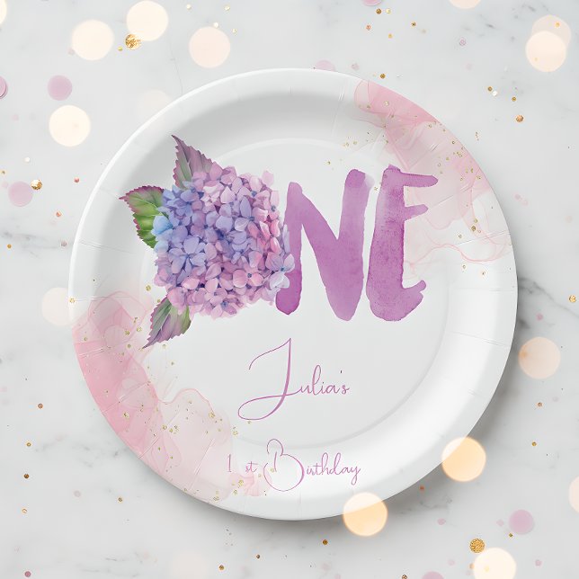 Watercolor hydrangea first Birthday Paper Plates (Creator Uploaded)