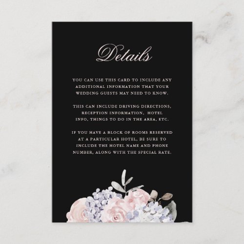 Watercolor Hydrangea Floral Black  Guest Details Enclosure Card