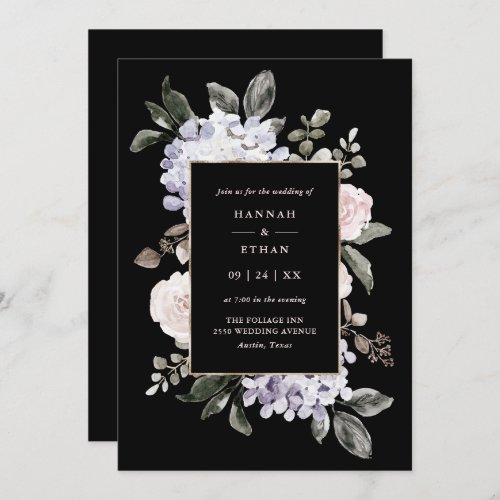 Watercolor Hydrangea Floral on Black  Wedding Invitation