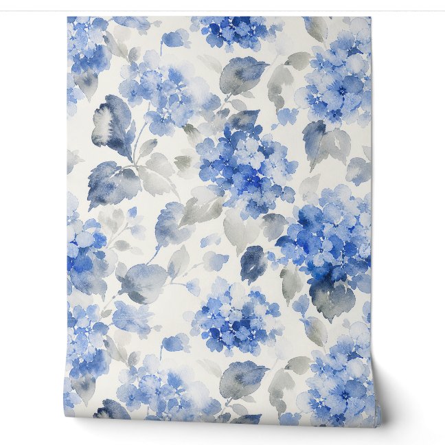 Watercolor Hydrangea Floral Pattern in Cobalt Blue Wallpaper