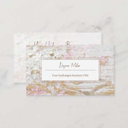 Watercolor Hydrangea Floral White Gold Wood Grain Business Card